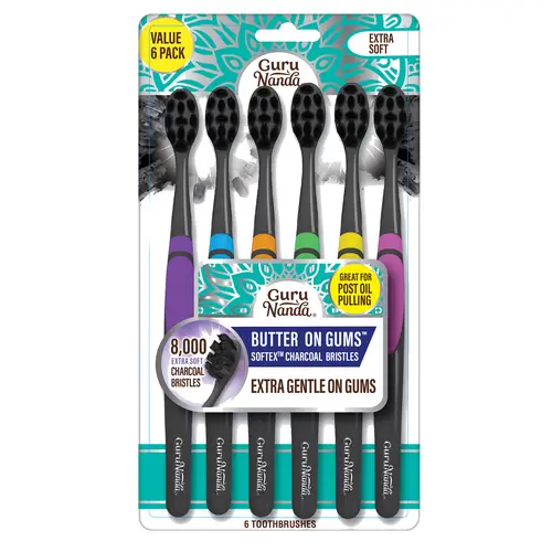 GuruNanda Butter on Gums Charcoal Toothbrush with 8000+ Softex Bristles for Sensitive Teeth & Gums, 6 Ct