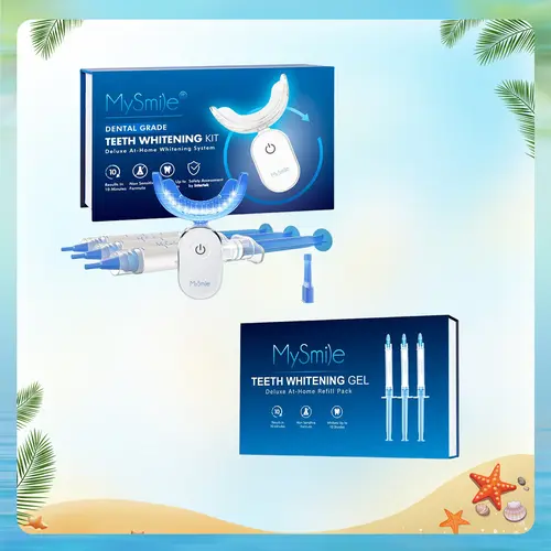 MySmile Pro Sensitive Teeth Whitening Kit for Adults - LED Mouthpiece, Carbamide Peroxide Gel, Hydroxyapatite Repair Material, Refill Pack, Peppermint-Scented Silicone Oral Care Set with Batteries, Nano Hydroxyapatite Teeth Whitening