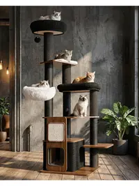 63 Inch Large Cat Tree for Indoor Cats, Heavy Duty Modern Cat Tower with Extra Large Plush Top Perch, Hammock, Scratching Posts & Spacious Condo
