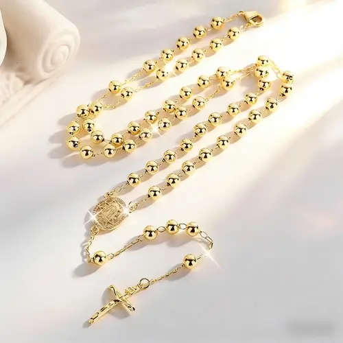 Fashion Hollow Our Lady of Guadalupe Pendant Rosary Necklace, 14K Gold-Plated 6mm Round Bead Chain, Sacred Religious Jewelry for Daily Prayer & Holiday Gifts