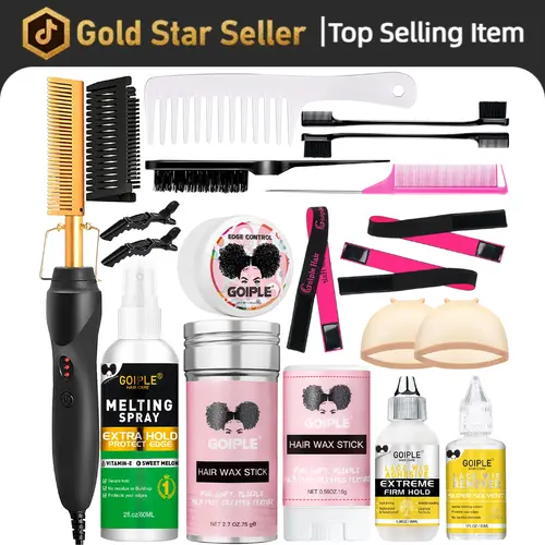 19 in 1 Hot Comb Styling Kit for Natural Black Hair Beard with Wig Glue Hair Wax Set Electric Straightener Curler Machine Christmas Gift Bundle,Mother's Day's prefect gift  Anti-Scald Attachment Temperatures Adjustable Straightening Bristle Hair Styler