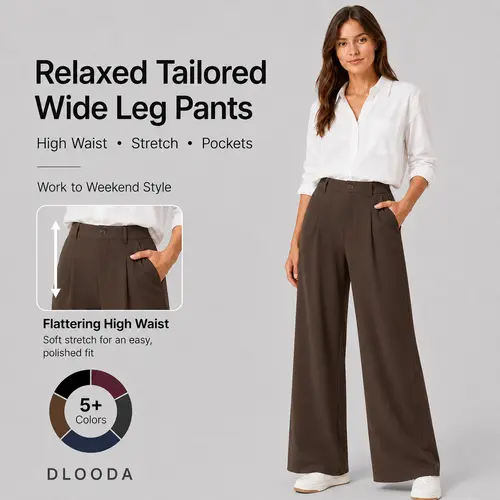 DLOODA Women’s High Waist Stretch Relaxed Tailored Wide Leg Pants with Pockets - Pants for Women, Work, Business Casual, Casual Fashion Trousers for Work & Weekend Wear, Work Pants,back to school shopping