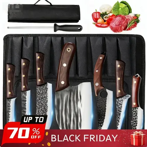 Professional Chef Knife Set - High Carbon Stainless Steel Knives with Ergonomic Wood Handles, Japanese Damascus Blade Pattern, Meat Chopping Function, Sharpening Accessory, Roll Bag for Kitchen Use