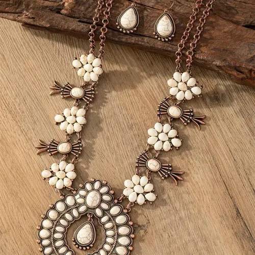 Vintage Boho Style Flower Design Turquoise Decor Jewelry Set, Necklaces Earrings Set, Necklace And Earring Set, Including Dangle Earrings & Necklace Pendant, Daily Clothing Decor, All-match for Birthday Gift, Jewellery Gift Set