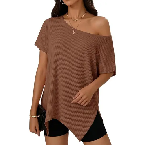 FISOEW Women's Asymmetrical Off-the-Shoulder Ribbed Knit Tunic Top - Casual Baggy Stretchy Blouse with Smooth Short Sleeves, Clothes, Shirts, Beach Summer Outfits, Blouses for Women