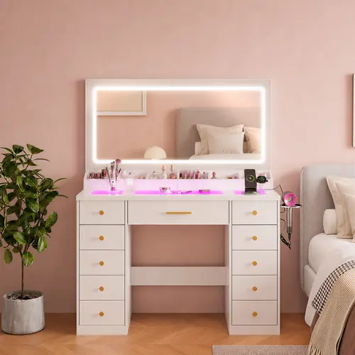 LAKEMID Vanity Table with Large Mirror, LED Mirror & Glass Top Makeup Desk with RGB Ambient Lighting, Featuring 6 Storage Compartments, Power Outlet, 3 Lighting Modes, Bedroom Vanity, Girls'/Women's Vanity (White)