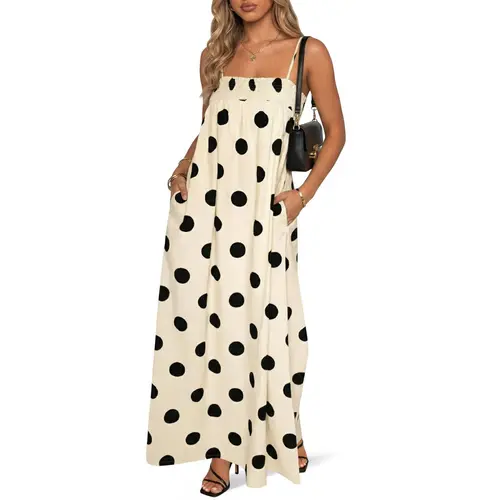 Wenrine Women's Sleeveless Elastic Smocked Polka Dot Maxi Casual Dress - Breathable Fabric, Sexy Spaghetti Strap, Pockets, Keeps You Cool for Holiday Outings