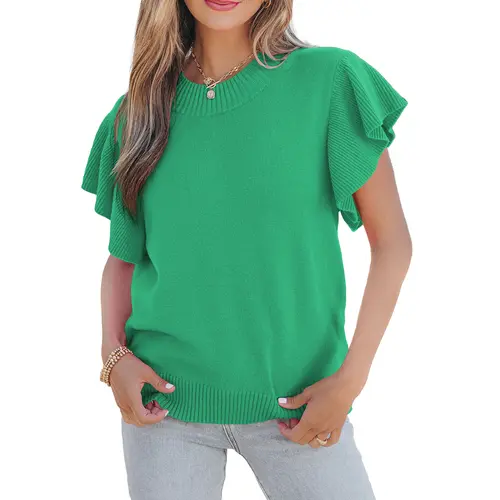 Asvivid Solid Color Ribbed Trim Round Neck Ruffle Short Sleeve Pullover Sweater Knitwear Womenswear Cute Tops sohochic