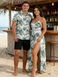 DRESSLILY Chic Cute Fashion His and Hers Casual Couple Matching Set (dress+shirt) - Women's Sleeveless Hibiscus Print High Waist Lacy Maxi Dress & Men's Polyester Button-Up Shirt, Basic Fabric, Resort, Summer Beach Vacation Wear, Outfits, Sweet