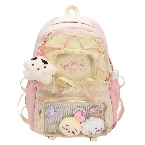 RIVERICH Kawaii Backpack with Cute Accessories Nylon Casual Bookbags with Pendants Lightweight Laptop Bag Travel Daypacks (Pink,Backpack)