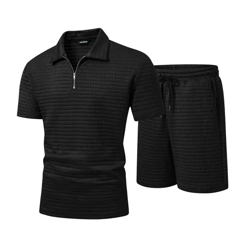 JMIERR Men's 2 Piece Waffle Knit Outfit Half Zip Polo Shirt and Shorts Textured Summer Set