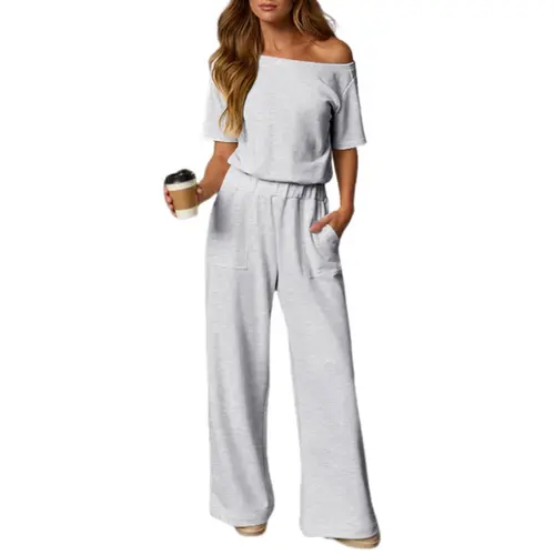 Fisoew Womens Heather Off-Shoulder Wide Leg Jumpsuit Short Sleeve Back Cutout Casual Loose Fit One-Piece Romper for Daily Wear & Loungewear Womenswear #SummerVibes, Chic, Style