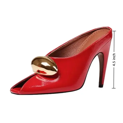 Women's Metallic Ornament Peep-Toe Patent Leather Stiletto High Heel Mule Sandals - Black, Height-Enhanced, Leather-Style Heeled Sandals for Party, Casual Occasions, Black Women's Heeled Sandals, Height-Enhanced Women's Heeled Sandals