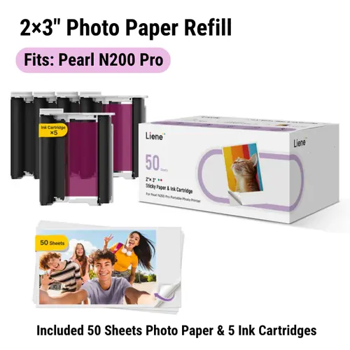 Liene Pearl N200 Pro 2x3" Photo Paper (50 Sheets + 5 Ink Cartridges) - Adhesive Sticker Printing Paper, Waterproof, Smudge-Proof, Durable, Instant Photo Printer Accessories for DMP130 Scrapbook Supplies
