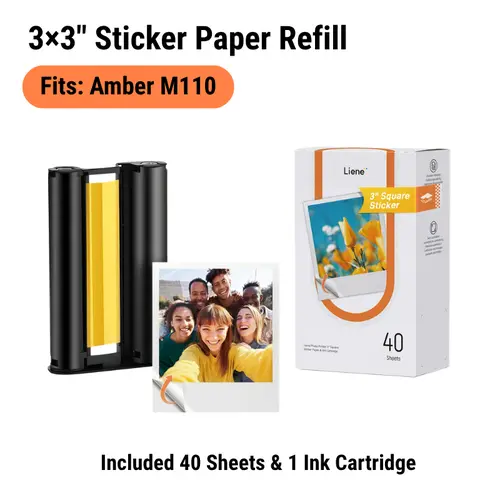 [Amber M110 3x3" Photo Sticker Paper], Liene Photo Sticker Paper & Cartridge for Amber M110 ,3x3" Sticker Photo 40 Sheets Photo Sticker Paper & 1 Ink Cartridges Refill, Dye Sublimation, Only for Liene DHP515, for Display, Framing, Scrapbook