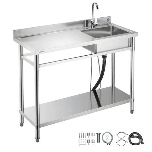 VEVOR Stainless Steel Free-Standing Single Bowl Commercial Kitchen Sink with Faucet, Adjustable Rectangle Utility Left Basin Workbench with Hot & Cold Water Pipe for Outdoor Kitchen, Patio, 47x19.7x37 in#BackToSchool