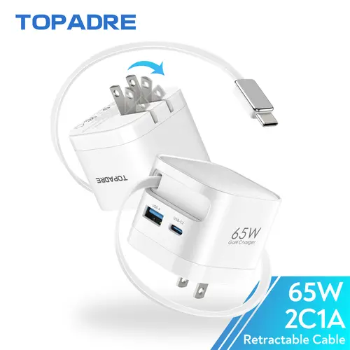 65W 3-in-1 GaN Charger with Retractable Cable & Foldable Plug，GaN Fast Charger for iPhone 17/16/15, Samsung Galaxy S25/S24, iPad, AirPods