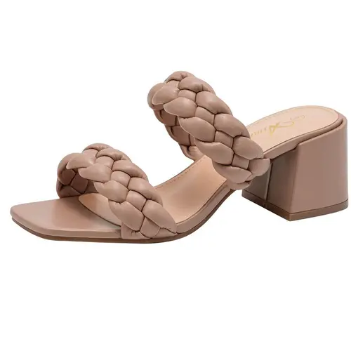 Women's Braided Chunky Heel Mules - Open Square Toe Slip-On Sandals, Braided Design Sandals for Dressy Casual Summer Wear