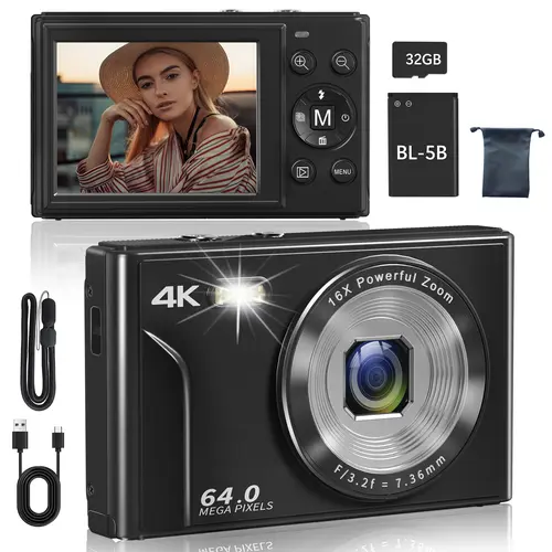 4K High Definition Autofocus Digital Camera - 64MP, 16x Digital Zoom, 2.8" IPS Screen, 32G Memory Card, 1200mah Battery, Compact Portable Vlogging Camera for Teens Beginners, Halloween Gift (Point & Shoot), Autofocus Vlogging Camera