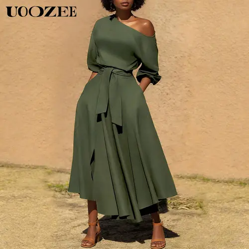 UOOZEE Women's 1-Shoulder Belted Metallic Woven Polyester Midi Dress - Elegant Basic Skirt Design, Spring Summer, Loose Silky Drape, Lightweight Minimalist, Slit, Pockets, Ideal for Brunch (Size Up for C-Cup+) [Women's Casual Streetwear Chic Clothes], Fab