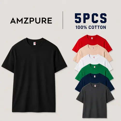 AMZPURE Men's 5-Pack 100% Cotton Slim Fit Short Sleeve Classic Plain Crew Neck T-Shirts - Super Soft, Tagless, Street Style, Sporty Chic for Office/Outdoor Travel Everyday Wear