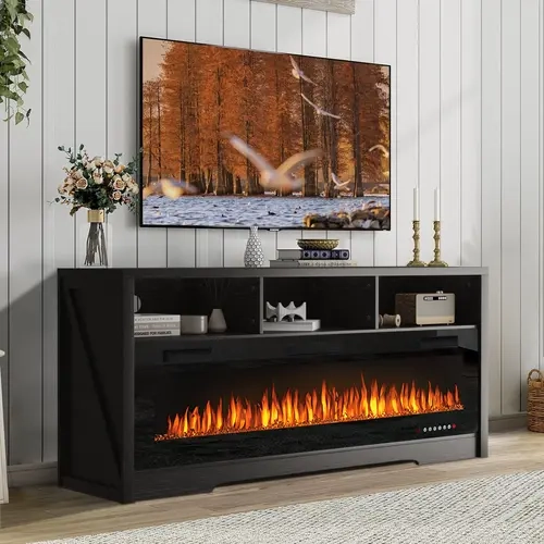 PUKAMI Fireplace TV Stand for TVs Up to 75" TV with 60" Electric Fireplace,Entertainment Center with Open Shelve Storage,65 inch TV Stand with Fireplace,Entertainment Stand for Living Room, Tv Console Table, Tv Shelf