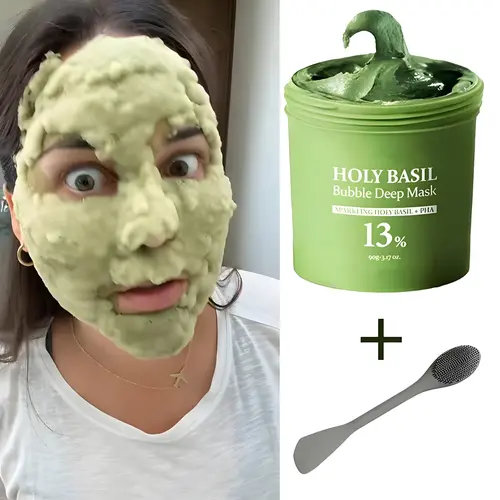 Holy Basil Bubble Deep Mask – Holy Basil & Carbonated Water for Cleansing Pores & Blackheads, Suitable for All Skin Types, Vegan Clay-to-Bubble Wash-Off Mask (90g / 3.17 oz) korean face pack Green Cooling Cleansing Mud Mask