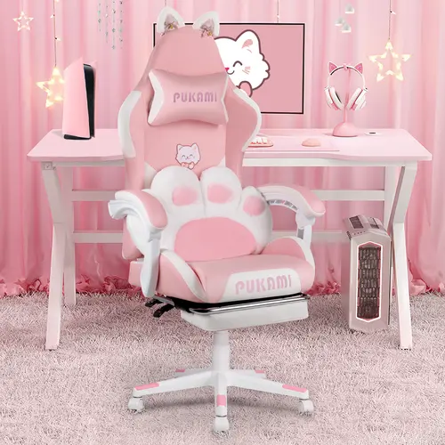 PUKAMI Pink Gaming Chair with Cute Cat Ears and Cat Paw Cushion Pillow,Ergonomic Gaming Chair for Teen with Footrest and Headrest Pillow,Pink Reclining Game Chair for Girl,dorm essentials,home decor