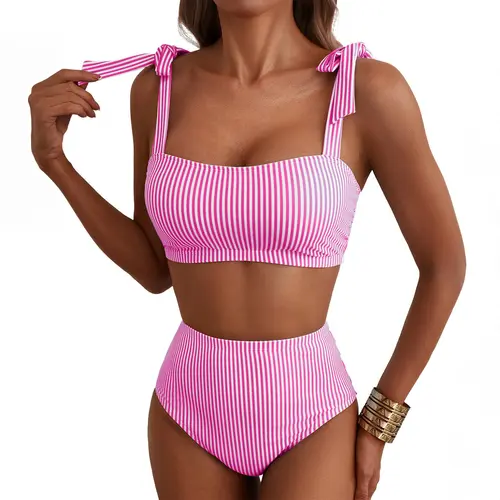 Aleumdr Women's Tie Shoulder Bikini Sets 2 Piece Striped Swimsuits High Waisted Bathing Suits SwimWeek Vacationoutfits Summerstyle