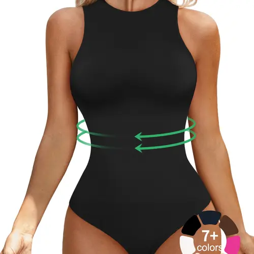 Women's Tummy Control Compression Smooth Shapewear Underwear Bodysuit, Round Neck Shaper Seamless Sleeveless Racerback Tank Thong Bodysuit Lady, Abdomen Control Garment