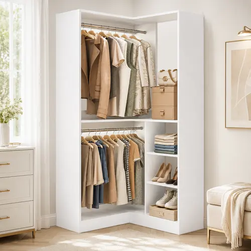Homieasy 36'' Corner Storage Cabinet, Walk-In Closet Organizer System Set with 2 Hanging Rods and Storage Shelves, Large Freestanding Closet Organizer System, White Corner Closet Organizer with Rods for Organizer Storage Wardrobe Armoire