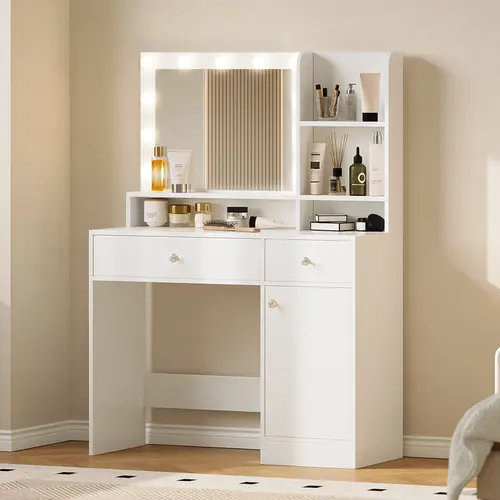 [DealsForYouDays] Modern LED Vanity Table, Makeup Desk with HD Large Mirror&Lights 3 Color Modes,Drawers&Shelves, for Girls Bedroom,Perfect Gift for Her – bedroom essential,dorm essentials,home decor