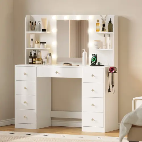[DealsForYouDays] Modern LED Vanity Table, Makeup Desk with Mirror&Lights 3 Color Modes,Drawers&Shelves, for Girls Bedroom,Perfect Gift for Her – bedroom essential