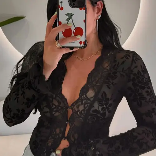 Women's Floral Pattern Sheer Mesh Crop Top, Casual Scallop Trim Long Sleeve V Neck Top, Ladies Clothes for Party Club, Womenswear