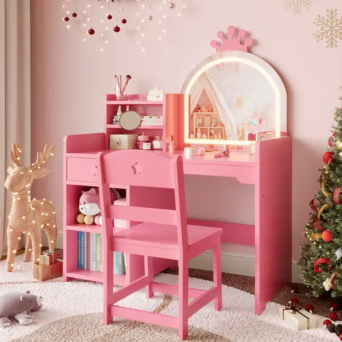 Kids' Lighted Princess Vanity Desk Furniture - 2-in-1 MDF Wood LED Mirror Vanity with Chair, Drawer, Open Shelves, Storage for Little Girls' Pretend Play, Holidays, Birthdays