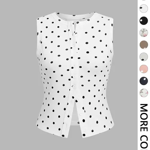 1 Piece Polka Dot Sleeveless Casual Button Front Split Hem Crop Tank Top, Versatile Outing Essential
