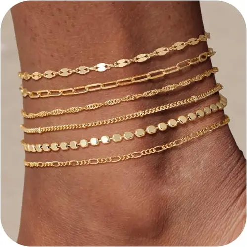 TEWIKY Waterproof Ankle Bracelets for Women,  Women 6PCS Thiny Herringbone Box Paperclip Figaro Cuban Link Anklet Set Dainty Gold Jewelry for Women Cute Summer Beach Jewelry For Valentine's Day gifts Gold Plated