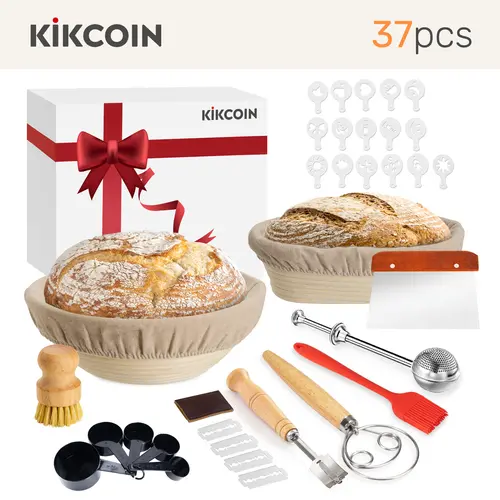 [Hot Picks]Complete Sourdough Starter Kit,Food Storage Container Jar,Bread  Banneton,Proofing Basket,Spatula,Sourdough Starter Kit Kikcoin 37PCS Banneton Proofing Basket set,Natural Rattan,Flour Duster,Bread,Dough Scraper,Baking Utensils，gift tiktokshopsp