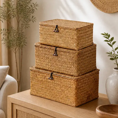 Nonam Handwoven Natural Seagrass Organiser Bin Set with Lid - 3 Rectangular Stackable 3-Sizes Household Clever Storage Boxes, Boho Home Decor, Housewarming Gift