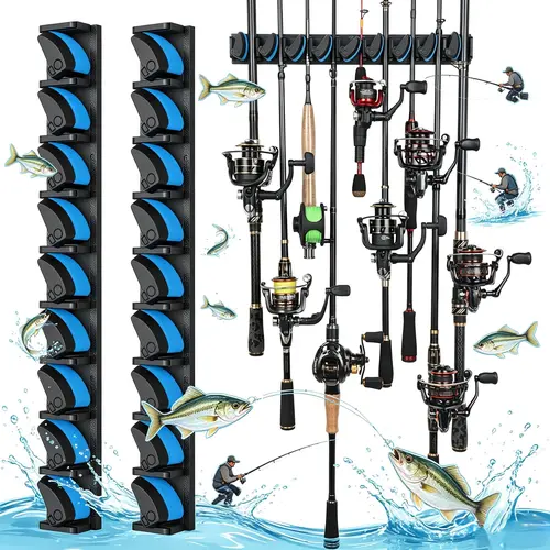 Vertical Fishing Rod Holder - Wall Mounted Staggers Reels Rack, Holds Up to 9 Combos, Fits 3-19mm Diameter Gear for Garage, Fishing Gear Set