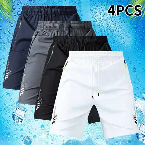 Men’s 4-Piece Lightweight Fitted Activewear Shorts Set, Drawstring Waist, Geometric Pattern, Zip Pockets - Suitable for Summer Sports, Leisure