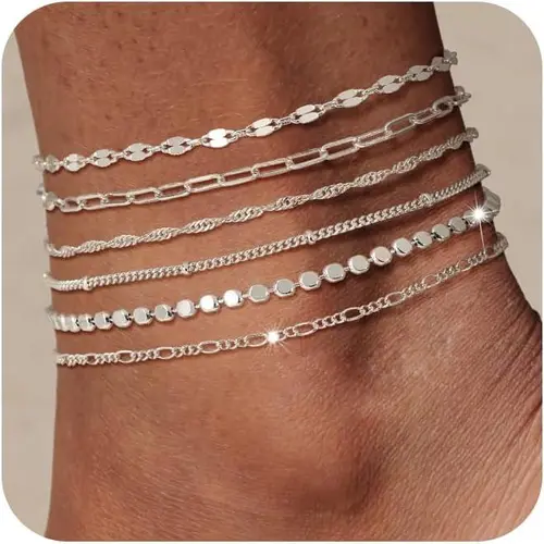Tewiky Dainty Ankle Bracelets For Women Waterproof Anklets Layered Cuban Chain Herringbone Blocks Anklets Set Summer Beach Jewelry Beaded Jewellery For Blackfriday Christmas Trendy Fashionable Accessories Gothic Stainless Steel Textured