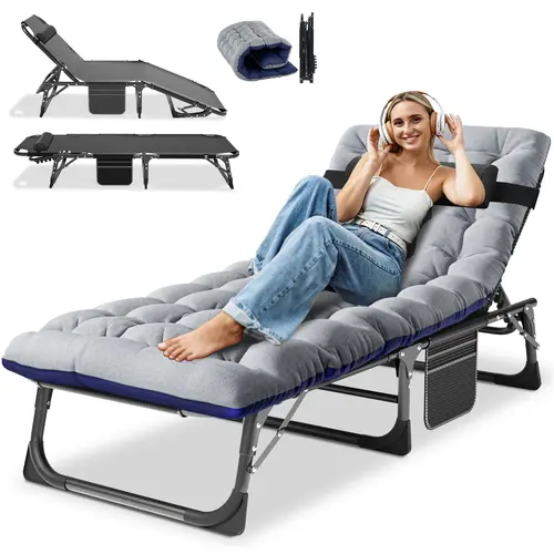 ABORON Folding Lounge Chair for Patio, Heavy Duty 5-Position Adjustable Oxford Fabric Poolside Chair with Padded Mattress, Pocket for Smalls, for Adults, Portable, Removable Pillow