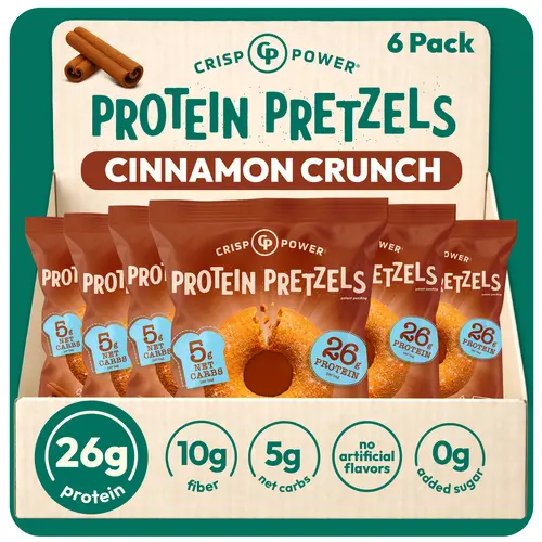 CRISP POWER Protein Pretzels, NEW Cinnamon Crunch, 26G Protein, High Protein, High Fiber, Crunchy Pretzel Snacks, No Added Sugar, 1.75 oz Bags, 6 Pack