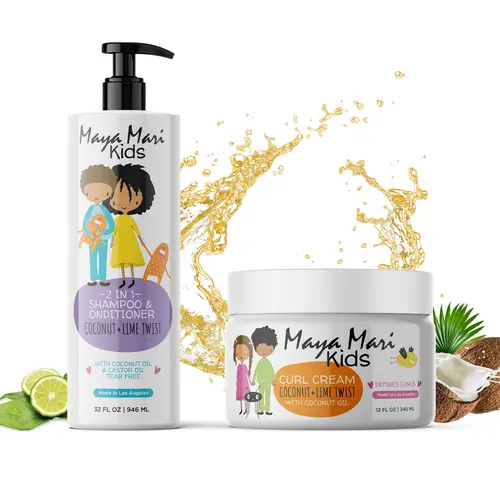 Maya Mari Kids Curly Hair 2-Piece Haircare Kit - Coconut 2-in-1 Cleansing Shampoo, Hydrating Silky Moisturizer Curl Cream to Nourish Dry Scalp, Oil-Restore for Curly Hair Kids
