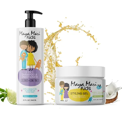 Maya Mari Kids 2-in-1 Shampoo & Conditioner Kit - Tear-Free Silky Coconut Haircare Cleanser with Bonus Hair Gel, Gentle, Moisturizing, Lightweight, Restore Natural Curls for Daily Curl Routine