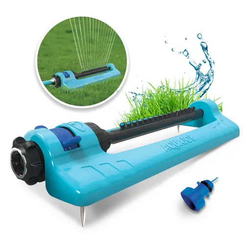 Aqua Joe Oscillating Sprinkler, 16-Nozzle Lawn Sprinkler with Metal Spike, 3400 Sq Ft Coverage, Adjustable Range for Lawn & Garden