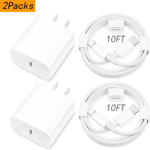GQOHRT 2-Pack Type-C Wall Charger Block with Smart Chip, Port, Adapter & 2-Pack 10FT/6FT Super Fast Charging USB-C to Lightning Cables for iPhone 14/13/12, AirPods Pro, Electronic Devices