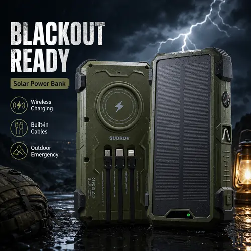 SUDROV Ultimate Charging Power Bank - 4 Built-in Cables, 7 Outputs, 15W Fast Charging, Wireless Charging, Dual LED Flashlights, Phone/Mobile Devices External Battery Pack, Solar Cellphone Charger for Power Outages