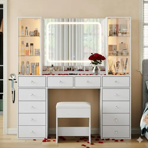 A FUSOU 12 Drawers Makeup Vanity with Charging Station【Shipping By 2 Packages】Vanity Desk with LED Mirror & 2 Glass Cabinet, 3 Color Modes, Brightness Adjustable, Glass Top, Dressing Table with Chair for Bedroom (12 Drawers)